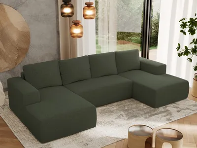 Produktbild von MKS MEBLE Sofa mit Schlaffunktion - Ecksofa mit Schlaffunktion und Bettkasten - Sofa 5 Sitzer - Schlafsofa - Couch - Schlafsofa mit Bettkasten - Trentino U - Grün Boucle