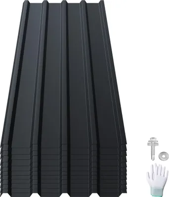 Obrázek produktu pro UISEBRT Sada 24 střešních panelů z trapézového plechu 115 × 45 cm - Pozinkovaný ocelový plech v černé barvě - Vlnitý plech odolný proti povětrnostním vlivům včetně šroubů a rukavic - Ideální pro garáže, přístřešky a střechy