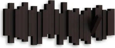 A dark brown coat rack with multiple movable hooks.