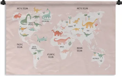 Produktbild von MuchoWow® Wandteppich Wandbehang Weltkarte - Kinder - Dinosaurier 60x40 cm Tapisserie Dekoration Wandtuch - Wanddekorationen