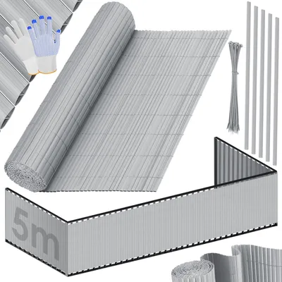 A product image displaying a rolled-up PVC privacy screen, along with accessories like gloves and cable ties, and a partially unrolled section of the screen.