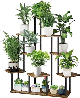 Image de Support à fleurs en bois, support à fleurs à plusieurs niveaux, étagère à fleurs, support pour plantes de balcon, noir