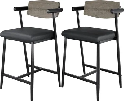 Immagine prodotto di Sgabelli da bar ergonomici - Set da 2. Sgabelli per bancone - Altezza seduta di 66 cm, ideali per isole cucina. Seduta ampia imbottita in ecopelle con braccioli. Schienale in legno, gambe in metallo, colore grigio