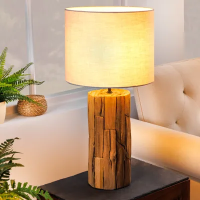 Produktbild von Natürliche Tischlampe ROOTS 60cm Treibholz grau Leinenschirm handmade