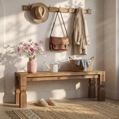 Productafbeelding van Massieve houten bank, 140 cm lang, in landelijke stijl, geschikt voor de hal, aan het voeteneinde van een bed, in de eetkamer en de woonkamer, bruin