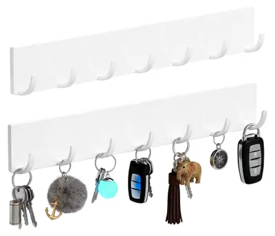 Produktbild von Schlüsselbrett ohne Bohren, 2 Stück mit 7 Haken, Schlüsselhalter mit starkem, rückstandsfreiem Kleber, Schlüsselleiste für Wohnzimmer und Küche, Modern, Weiß