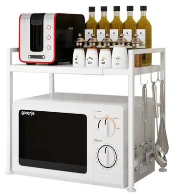 Immagine prodotto di Scaffale da cucina per microonde - Scaffale telescopico a 2 ripiani - Estraibile - Larghezza regolabile - 6 ganci - Metallo - Bianco
