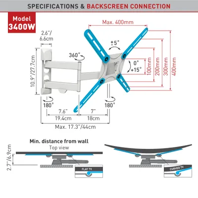 Produktbild von Barkan 3400W.W Vollbewegliche Wandhalterung für 165,1 cm (65 Zoll) LCD-/Plasmageräte, max. 40 kg Traglast, max. VESA 400 x 400