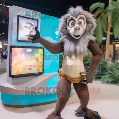 Produktbild von Grauer REDBROKOLY Kapuziner-Affen Maskottchen Kostüm charakter gekleidet mit einem Bikini und Smartwatches