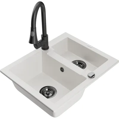Obrázek produktu pro Mexen Carlos 1,5-miskový granitový dřez s kuchyňskou baterií Elia, Bílá - 6518-20-670101-70