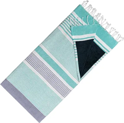 Produktbild von Hamamtuch Doppelseitiges Kikoy-Tuch & Frottee – Trendiges Hamamtuch – 100 % Baumwolle – 95 x 175 cm – Türkisblaues Marineblau