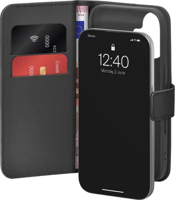 Immagine prodotto di Custodia Puro Wallet Stand per Iphone 17 in pelle, con patta, portafoglio e funzione stand - Nero