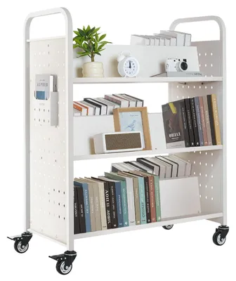 Zdjęcie produktu dla Wózek na książki VEVOR, nośność 150 kg, wózek biblioteczny, 97x51,5x122,5 cm, dwustronny regał w kształcie litery W z podwójnymi kółkami, wózek na książki do salonu, biura, szkoły, biały