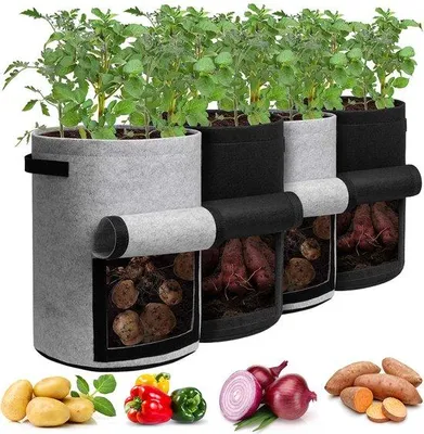 Immagine prodotto di Uniqoos® Set di 4 vasi pieghevoli per piante con aperture per il raccolto, capacità di 45 litri per vaso, con maniglie per il trasporto – ideali per patate e verdure su balcone e in giardino