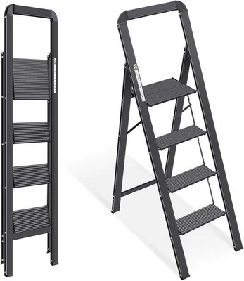 Productafbeelding van Trapladder 4 treden - Inklapbare ladder - Huishoudelijk werk - Met leuning - Belastbaar 150 kg - Zwart