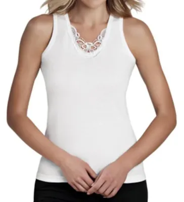 Produktbild von 2 Pack Damen Unterhemden Spitze Weiß M Achselhemd Damentop %100 Baumwolle K-9