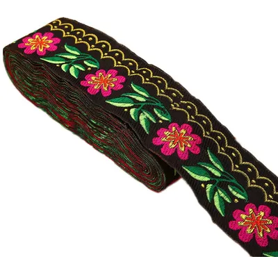 Jacquard-Band, 7 m x 5 cm, Daisy-Blätter, Wellenmuster, Schwarz