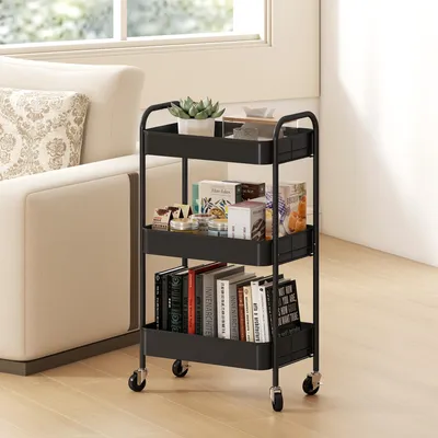 Produktbild von Mehrzweckwagen Küchenwagen, Rollwagen mit 3 Gitterkörben, Stahl, Schwarz | 4 Rollen mit 2 Bremsen | 45 x 30,6 x 79 cm