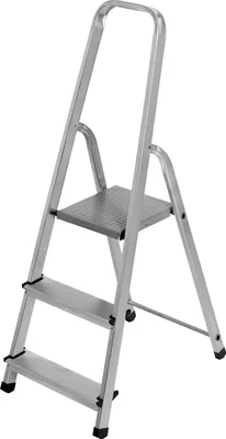 A silver step stool with three steps is shown against a white background.