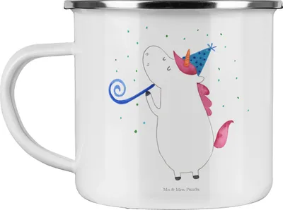 Produktbild von Mr. & Mrs. Panda Emaille Tasse Einhorn Party - Weiß - Geschenk, Pott, Unicorn, Einhörner, Fest, Geburtstag, Teetasse, becher, Kaffeepott, Club, blechbecher, metallbecher