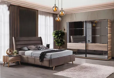 Immagine prodotto di Camera da letto moderna Letto matrimoniale imbottito Comodini in legno Armadio