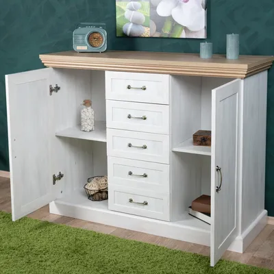 Produktbild von Kommode Badile 01, Farbe: Kiefer Weiß / Braun - 98 x 127 x 46 cm (H x B x T)