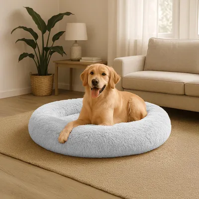 Produktbild von belviona Donut-Hundebett, kuscheliges Plüschbett mit weicher Füllung, sicherem Halt & ergonomischem Rand, 100 cm Durchmesser, hellgrau