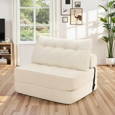 Zdjęcie produktu dla Hommpa Rozkładana sofa 180×100 cm podwójna rozkładana sofa z poduszkami, gęsta pianka, leżanka/fotel do salonu i sypialni, dla gości, beżowa