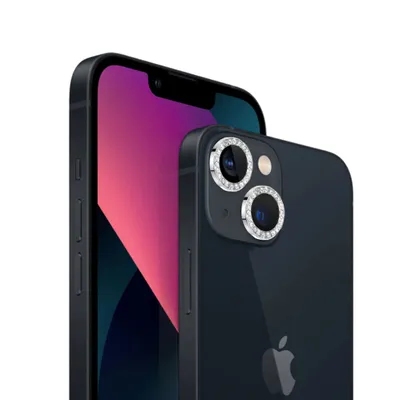A close-up shot of two iPhones, one slightly behind the other, against a white background. The rear camera lenses of the phone in the foreground are decorated with sparkling silver rings.