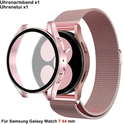 Produktbild von FFO2World Luxus-Milanese-Armband + TPU-Hülle – Passend für Samsung Galaxy Watch 7 (44 mm) – Schutzhülle und s Milanaise-Armband in Roségold