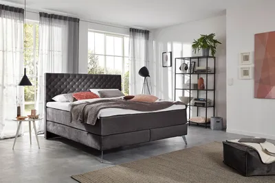 Produktbild von KAWOLA Bett SINDAR Boxspringbett Stoff anthrazit Fuß silber ohne Topper 160x200cm