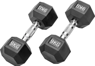 Produktbild von Gummierte Hexagon Hanteln mit verchromten Griffen : 2 x 9 kg (18 kg) Gewicht: 2 x 9 kg (18 kg)