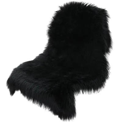 A black faux fur rug is shown against a white background.