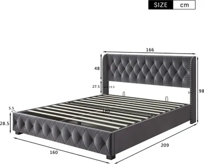 Immagine prodotto di CDGlobal letto imbottito 160x200cm con rete a doghe, letto a molle idrauliche con rete e contenitore, letto matrimoniale in velluto con contenitore letto funzionale, grigio