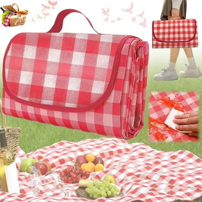 Produktbild von Wasserdichte Picknickdecke im rot karierten Design, 200 x 200 cm, ideal für Outdoor-Aktivitäten und Picknicks
