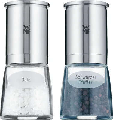 Produktbild von WMF De Luxe Salz und Pfeffermühle Set 2-teilig, befüllt, Cromargan Edelstahl, Glas, Keramikmahlwerk, Mühle für Salz, Pfeffer, Chillischoten