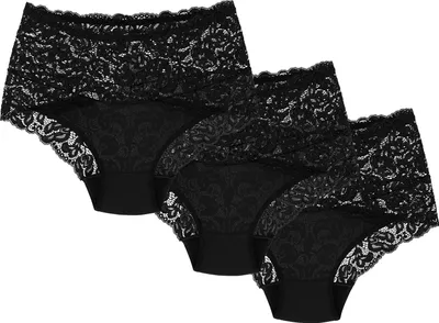 Produktbild von Wolbar Dame Slip 3er Pack Bund Pantys Spitze Elegant Unterhose Unterwäsche WB414, Schwarz, XL
