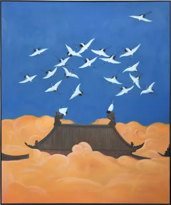 Produktbild von Fine Asianliving Ölgemälde 100%  Handgemalt 3D Texture Rahmen Schwarz 150x180cm Fliegende Japanische Kraniche