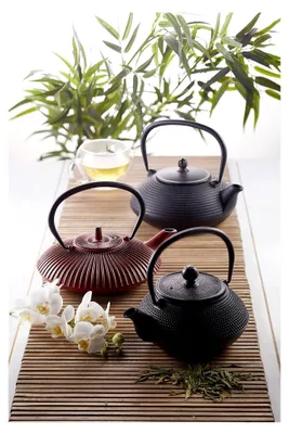 Produktbild von Gusseiserne Teekanne im japanischen Stil, 600 ml, mit Edelstahl-Teesiebkorb, Schwarz