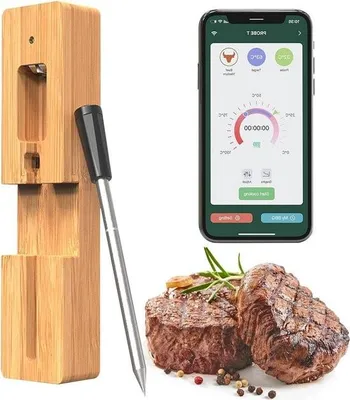 Obrázok produktu pre Bezdrôtový teplomer na mäso s dosahom 60 m, Bluetooth, vodotesný a ovládateľný cez aplikáciu - ideálny do rúry, grilu, kuchyne, na grilovanie, do udiarne a na rožeň.