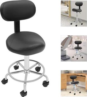 Zdjęcie produktu dla Stołek siodłowy - Stołek barowy z oparciem - Obrotowy 360° - Regulowana wysokość 45-59 cm - 5 kółek - Maks. Obciążenie 150 kg - Ergonomiczne oparcie 15° - Czarny