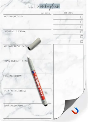 Produktbild von Magnetischer Menüplaner abwischbar inkl. Stift - Essensplaner Woche abwischbar | Magnettafel Küche als Whiteboard magnetisch | Wochenplaner Essensplan Kühlschrank