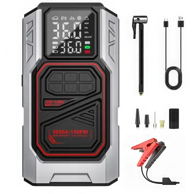 Produktbild von 4-in-1 Notfallstarter, Leistungsstarker Batteriestarter,Auto-Start 1500 A, Reifenfüllung 0,2–10,3 bar, Handyladung 5 V/2 A & LED-Licht