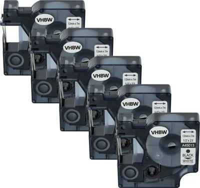 Produktbild von vhbw 5x Schriftband-Kassette kompatibel mit Dymo LabelPoint 150, 300, 350, 200, 250, 100 Etiketten-Drucker 7m x 12mm Schwarz auf Weiß, Kunststoff