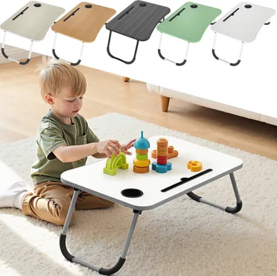 Zdjęcie produktu dla LZQ Składany stolik na laptopa 60 x 40 cm - stolik z uchwytem na kubek, stolik na laptopa do łóżka, sofy, śniadania, czytania i pracy, biały