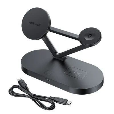 A black wireless charging station with a USB-C cable on a white background.