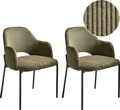 Produktbild von BELIANI Esszimmerstuhl 2er Set Olivgrün aus Cord Stoff Gepolstert mit Armlehnen Retro Eleganter Moderner Stil Stühle für Esszimmer Küche
