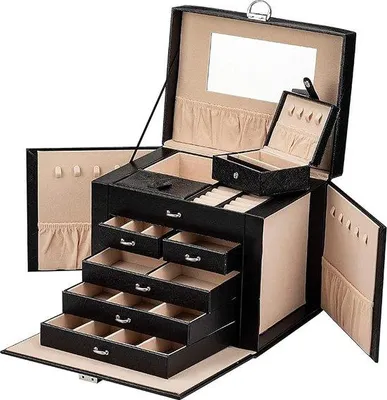 Produktbild von Famanu Schmuckbox abschließbar, 5 Ebenen mit 5 Schubladen, mit Spiegel, für Ringe, Ohrringe, Halsketten und Armbänder, schwarz