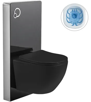 Obrázok produktu pre CERANO – Kompletná toaletná súprava so splachovacím modulom – matná čierna + závesná toaleta Verde, bezokrajová + sedadlo Slim/UF – lesklá čierna – 49 x 36 cm