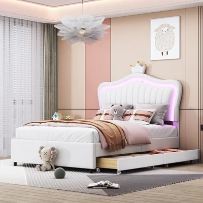 A child's bedroom with a white bed and pink accents.